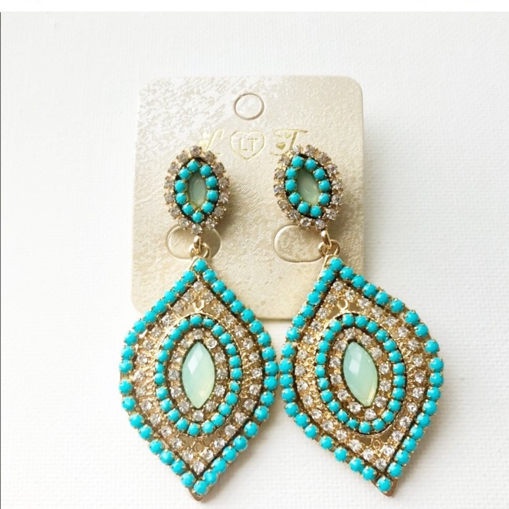 Dangle Earrings, Blue and Gold Rhinestones, NEW